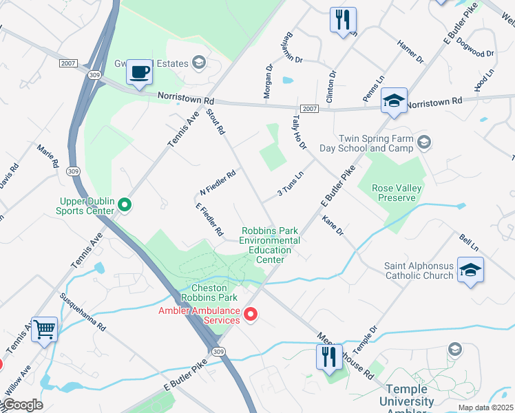 map of restaurants, bars, coffee shops, grocery stores, and more near 301 Stout Road in Ambler