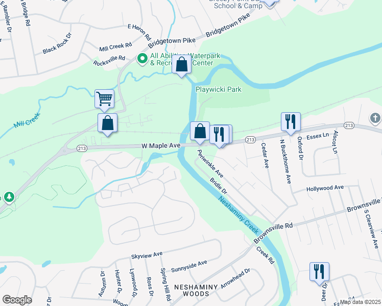 map of restaurants, bars, coffee shops, grocery stores, and more near Bridle Drive in Bucks County