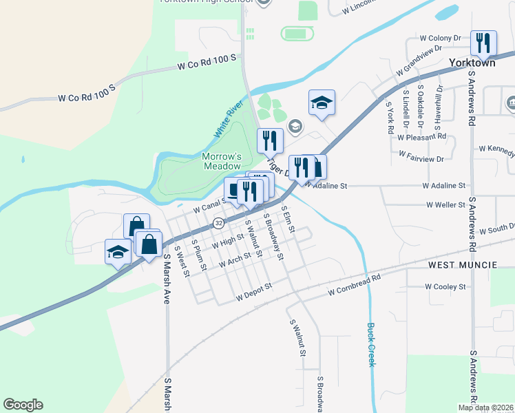 map of restaurants, bars, coffee shops, grocery stores, and more near in Yorktown