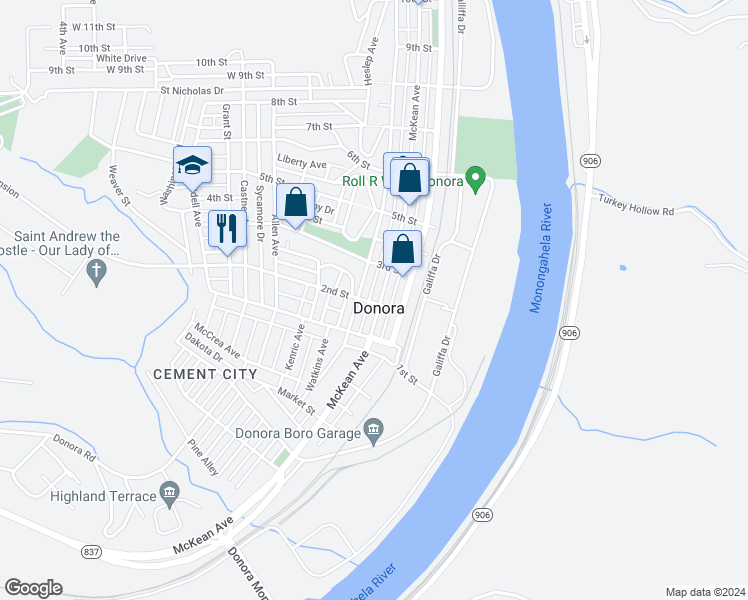 map of restaurants, bars, coffee shops, grocery stores, and more near 201 McKean Avenue in Donora