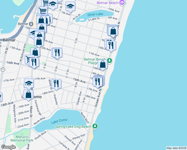 map of restaurants, bars, coffee shops, grocery stores, and more near 1503 A Street in Belmar