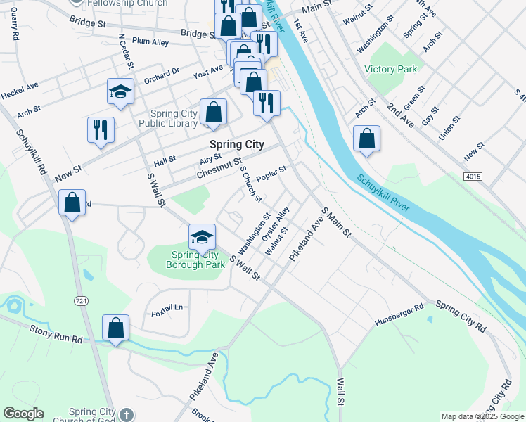 map of restaurants, bars, coffee shops, grocery stores, and more near 205 Washington Street in Spring City