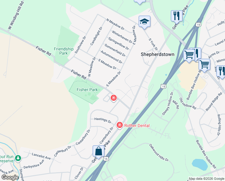 map of restaurants, bars, coffee shops, grocery stores, and more near 592 Meadowcroft Circle in Mechanicsburg