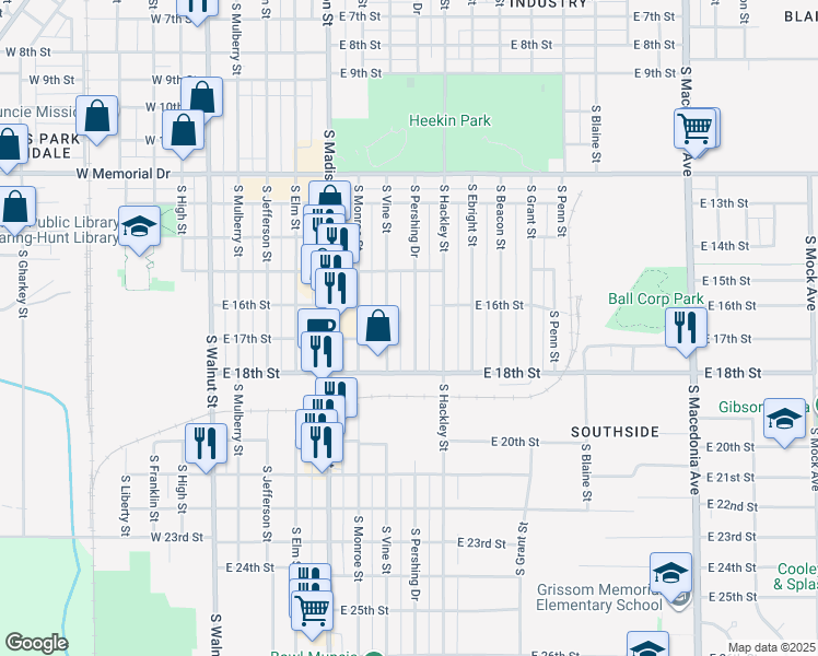 map of restaurants, bars, coffee shops, grocery stores, and more near 2405 S Pershing Dr in Muncie