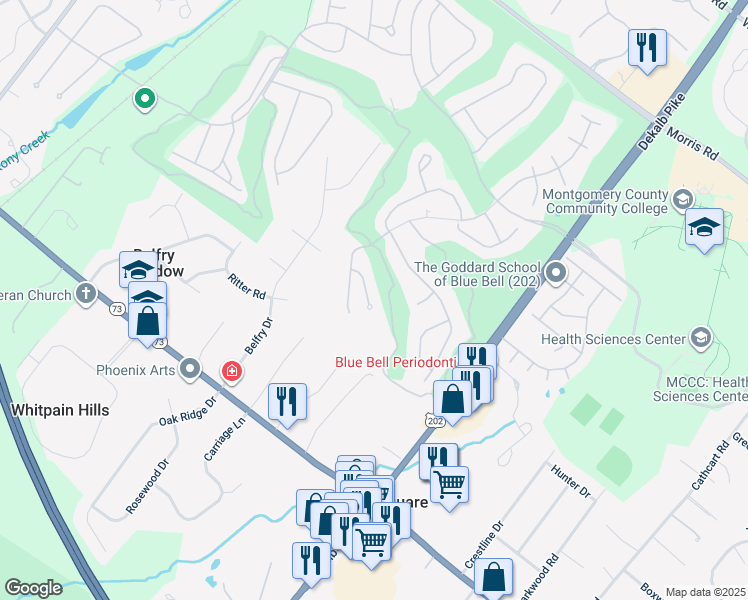 map of restaurants, bars, coffee shops, grocery stores, and more near 211 Oakmont Drive in Blue Bell