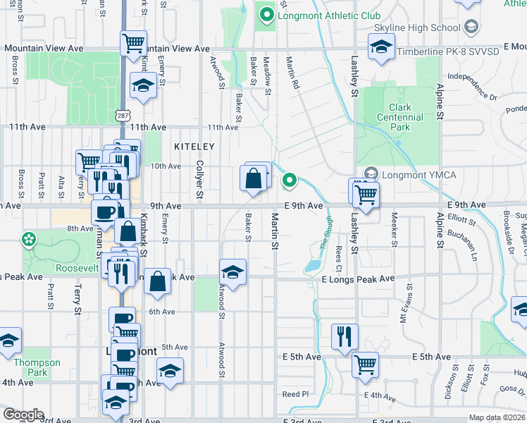 map of restaurants, bars, coffee shops, grocery stores, and more near 818 Baker Street in Longmont