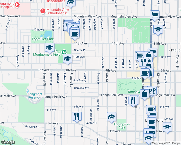 map of restaurants, bars, coffee shops, grocery stores, and more near 826 Lincoln Street in Longmont