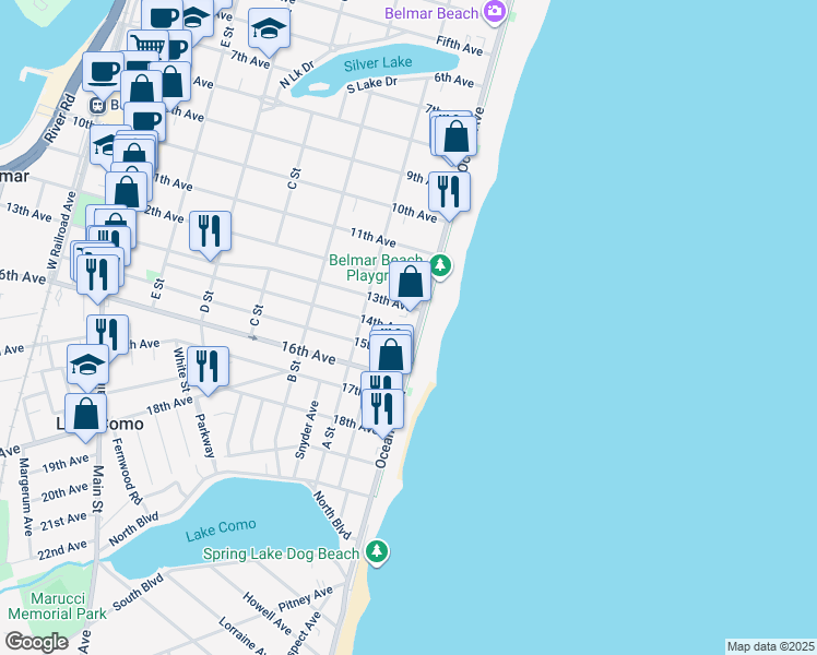 map of restaurants, bars, coffee shops, grocery stores, and more near 98 15th Avenue in Belmar