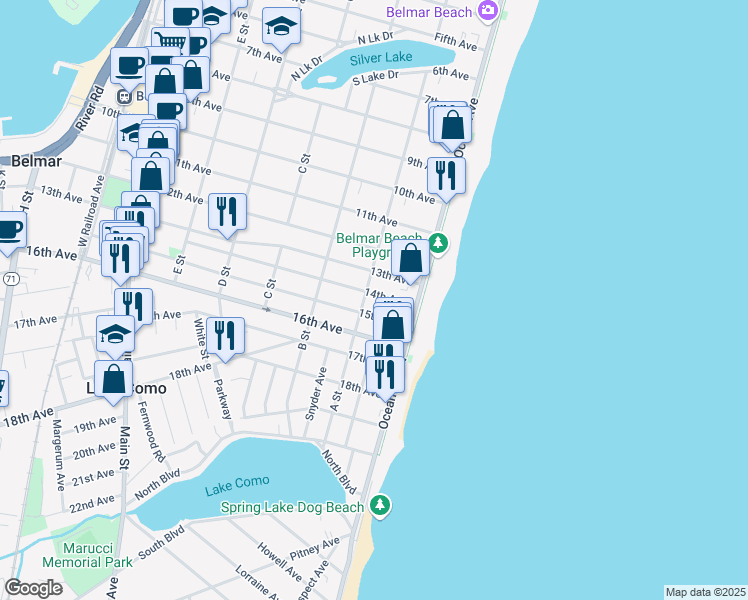 map of restaurants, bars, coffee shops, grocery stores, and more near 1503 A Street in Belmar