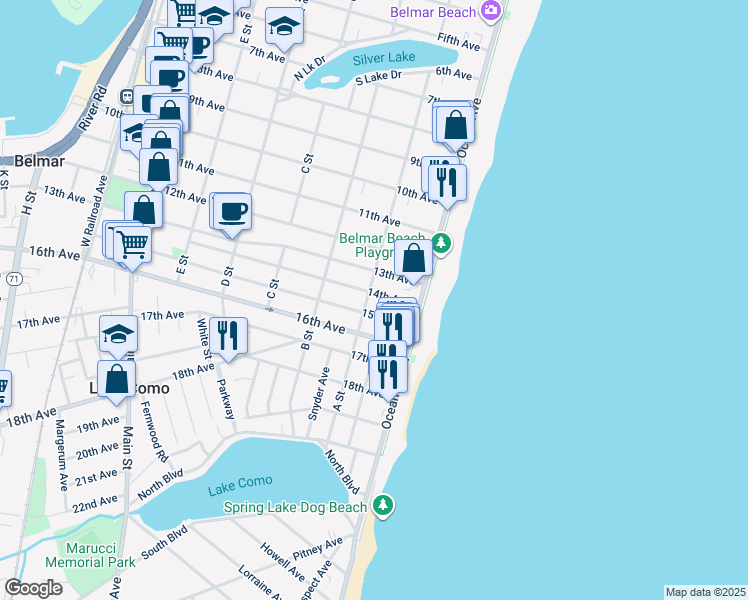 map of restaurants, bars, coffee shops, grocery stores, and more near 1503 A Street in Belmar