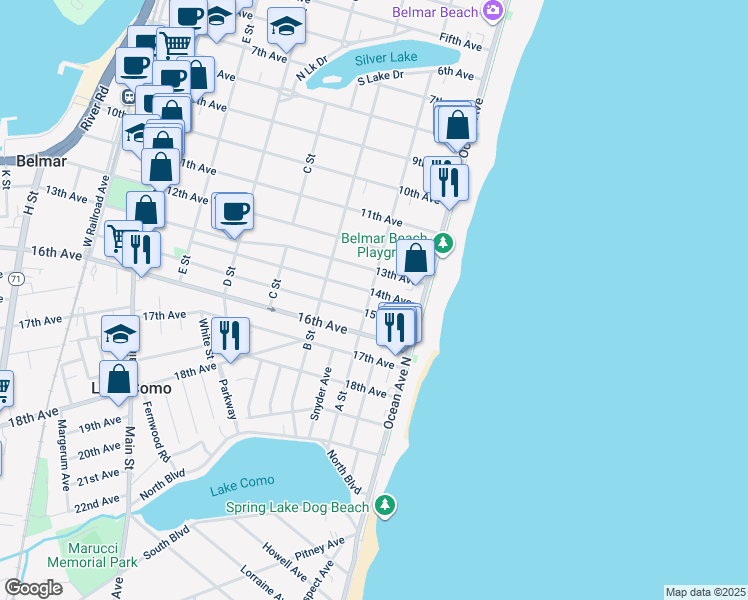 map of restaurants, bars, coffee shops, grocery stores, and more near 1503 A Street in Belmar