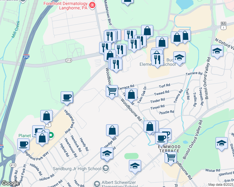 map of restaurants, bars, coffee shops, grocery stores, and more near 33 Tempo Road in Levittown
