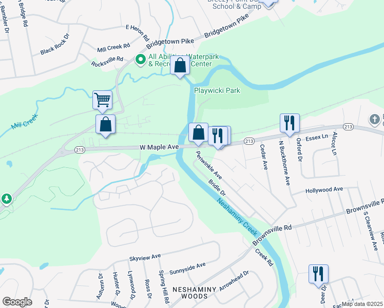 map of restaurants, bars, coffee shops, grocery stores, and more near Bridle Drive in Bucks County