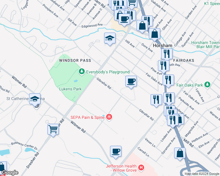 map of restaurants, bars, coffee shops, grocery stores, and more near 231 Gibraltar Road in Horsham