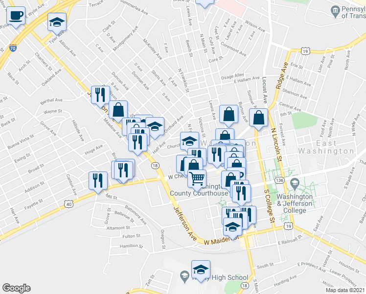 map of restaurants, bars, coffee shops, grocery stores, and more near 111 West Spruce Street in Washington