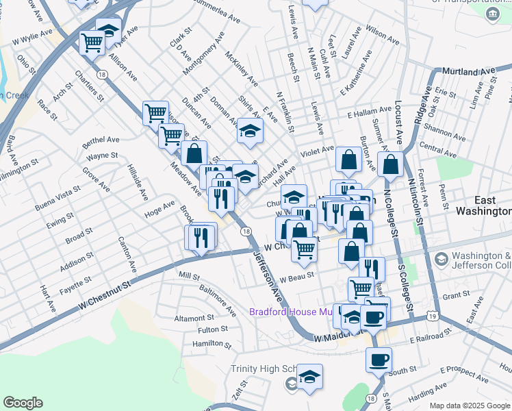 map of restaurants, bars, coffee shops, grocery stores, and more near 161 West Walnut Street in Washington