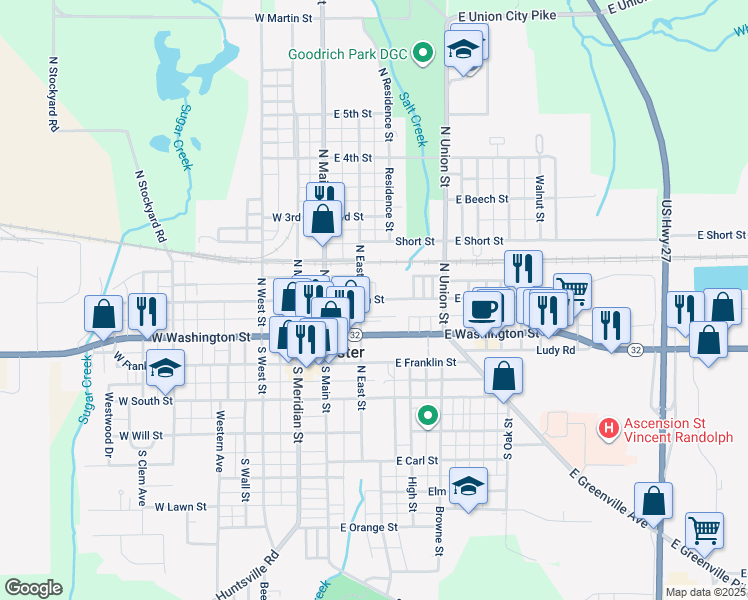 map of restaurants, bars, coffee shops, grocery stores, and more near 102 North East Street in Winchester