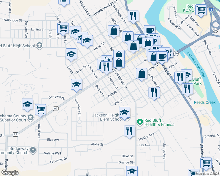 map of restaurants, bars, coffee shops, grocery stores, and more near 556 Johnson Street in Red Bluff