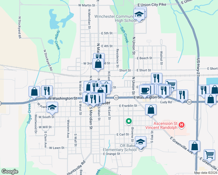 map of restaurants, bars, coffee shops, grocery stores, and more near 102 North East Street in Winchester