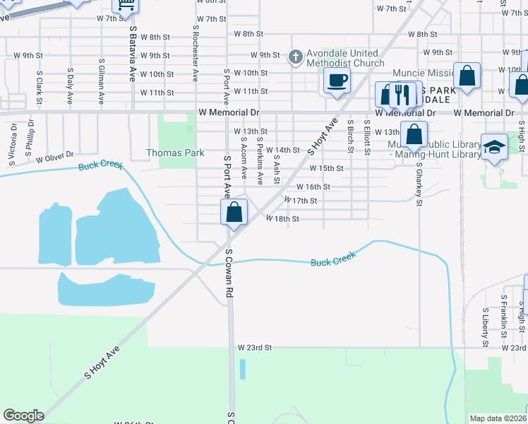 map of restaurants, bars, coffee shops, grocery stores, and more near 1421 W 18th St in Muncie