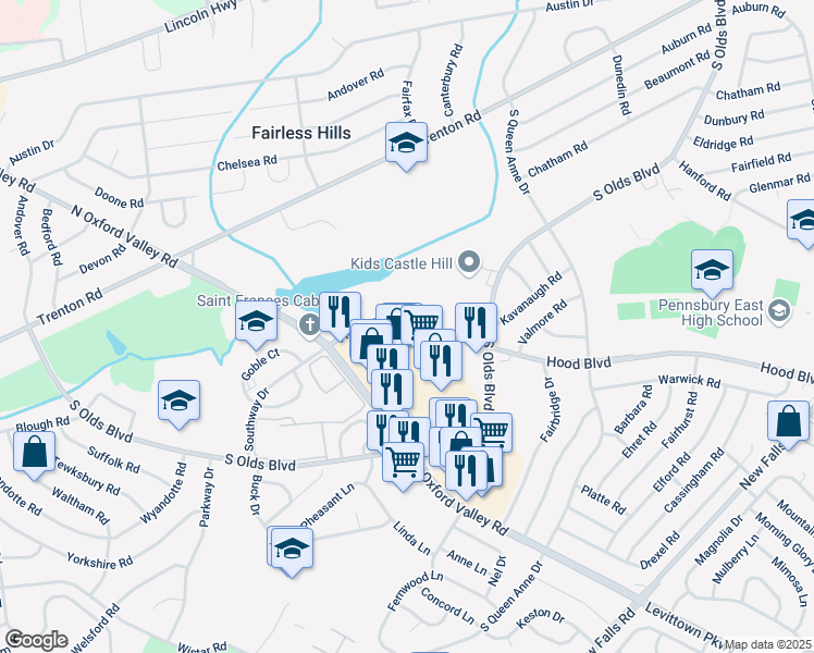 map of restaurants, bars, coffee shops, grocery stores, and more near in Fairless Hills