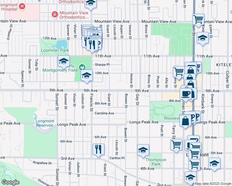 map of restaurants, bars, coffee shops, grocery stores, and more near 826 Lincoln Street in Longmont
