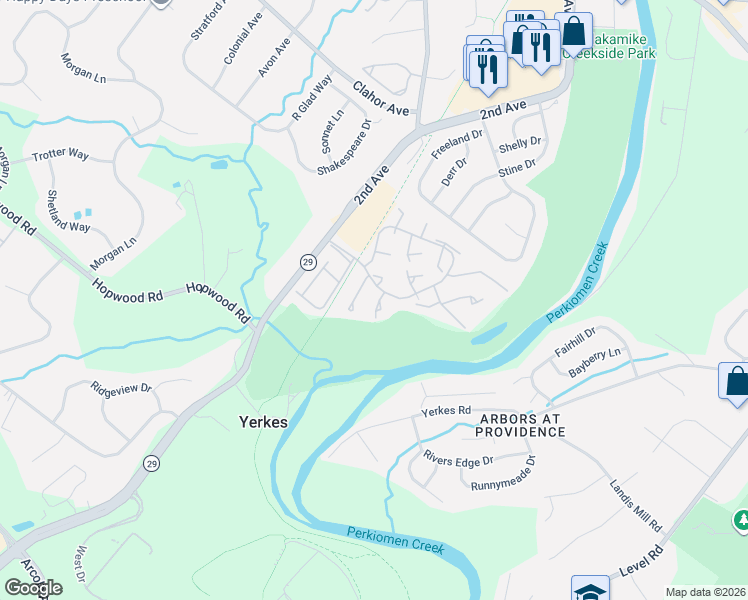 map of restaurants, bars, coffee shops, grocery stores, and more near 108 Honey Locust Court in Collegeville