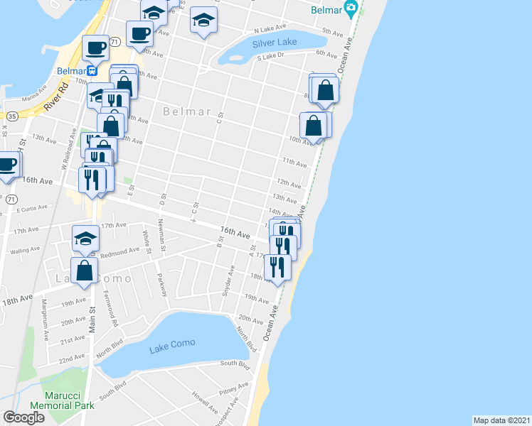 map of restaurants, bars, coffee shops, grocery stores, and more near 117 14th Avenue in Belmar