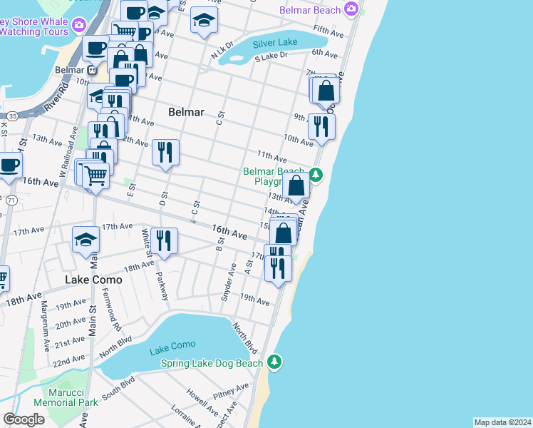 map of restaurants, bars, coffee shops, grocery stores, and more near 117 14th Avenue in Belmar