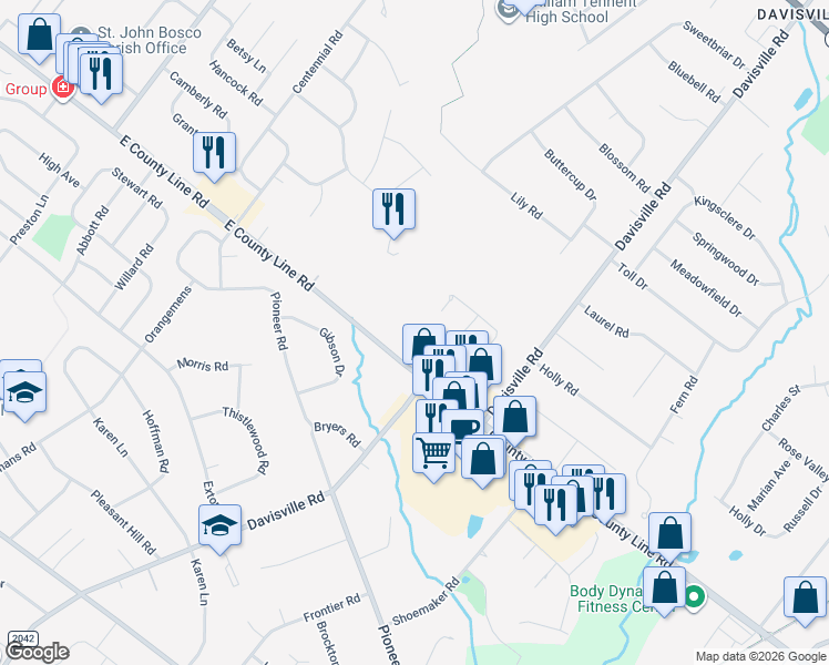 map of restaurants, bars, coffee shops, grocery stores, and more near 10 Jamies Court in Warminster