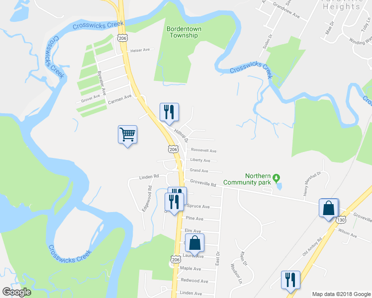 map of restaurants, bars, coffee shops, grocery stores, and more near 751 Hilltop Dr in Bordentown Township