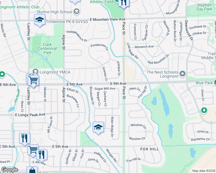 map of restaurants, bars, coffee shops, grocery stores, and more near 901 Pasque Drive in Longmont