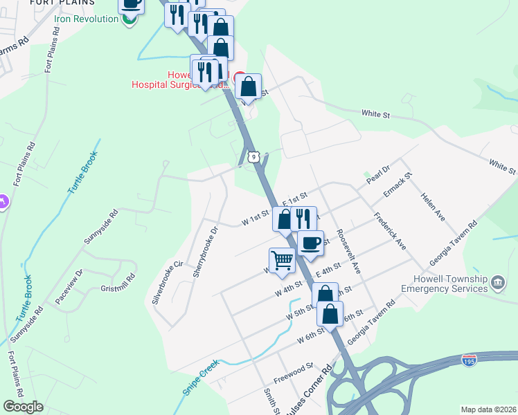map of restaurants, bars, coffee shops, grocery stores, and more near 2524 U.S. 9 in Howell