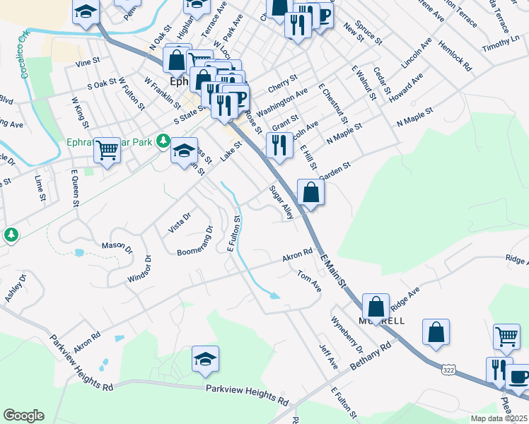 map of restaurants, bars, coffee shops, grocery stores, and more near 14 Lauren Lane in Ephrata