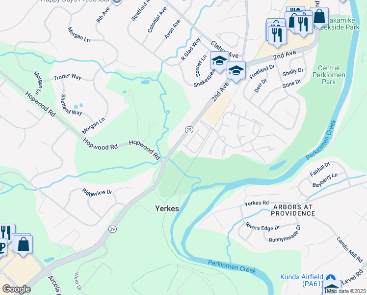 map of restaurants, bars, coffee shops, grocery stores, and more near 135 Hemlock Drive in Collegeville