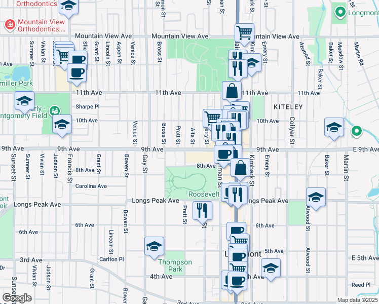 map of restaurants, bars, coffee shops, grocery stores, and more near 761 9th Avenue in Longmont