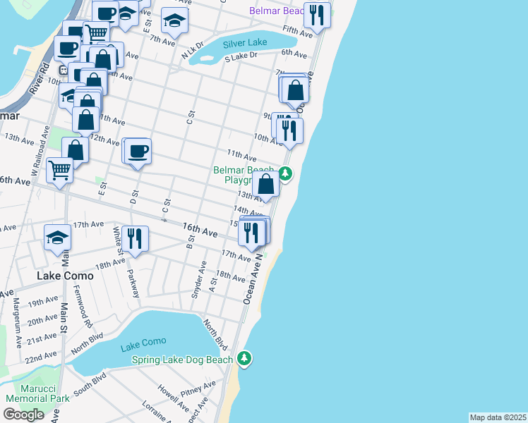 map of restaurants, bars, coffee shops, grocery stores, and more near 108 13th Avenue in Belmar