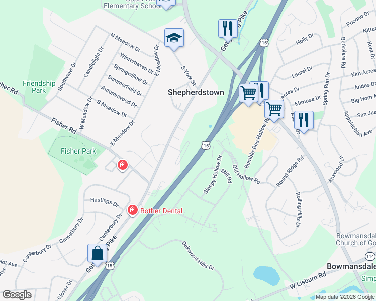 map of restaurants, bars, coffee shops, grocery stores, and more near 405 Gettysburg Pike in Mechanicsburg