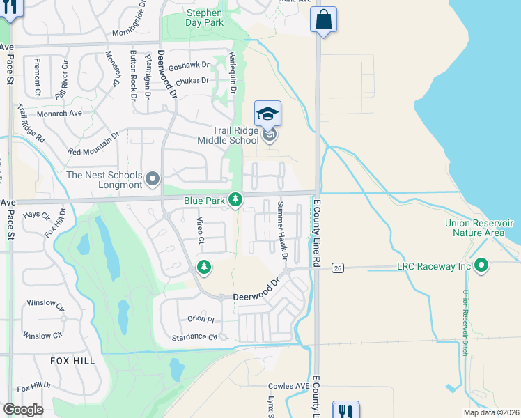 map of restaurants, bars, coffee shops, grocery stores, and more near in Longmont