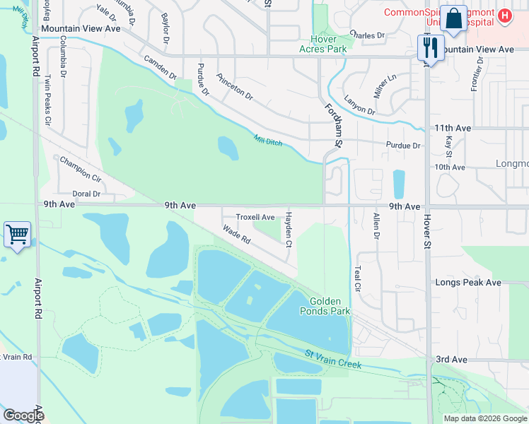 map of restaurants, bars, coffee shops, grocery stores, and more near 2848 Troxell Avenue in Longmont