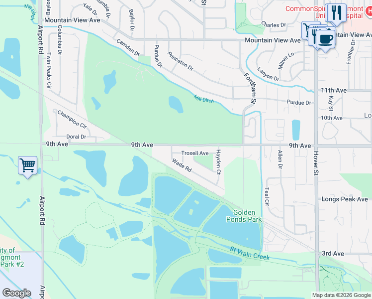 map of restaurants, bars, coffee shops, grocery stores, and more near 1200 Cornell Drive in Longmont