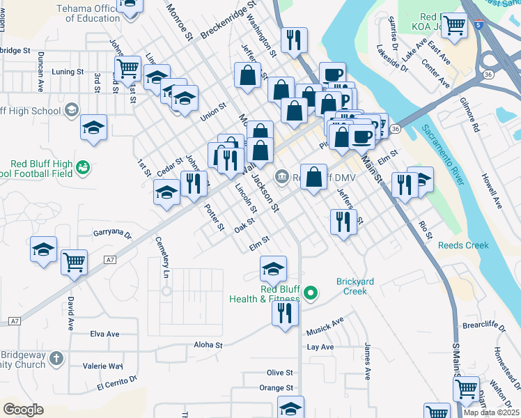 map of restaurants, bars, coffee shops, grocery stores, and more near 835 Pine Street in Red Bluff