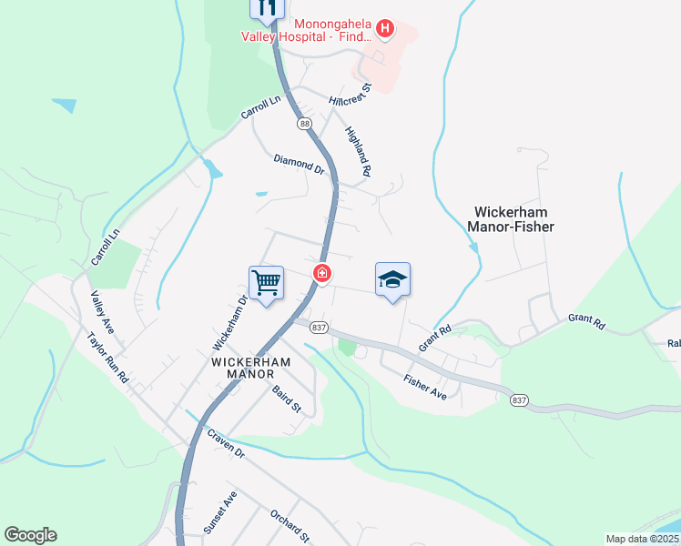 map of restaurants, bars, coffee shops, grocery stores, and more near 1269 Country Club Road in Monongahela