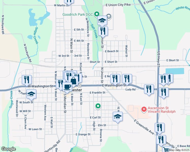 map of restaurants, bars, coffee shops, grocery stores, and more near 305 East Pearl Street in Winchester