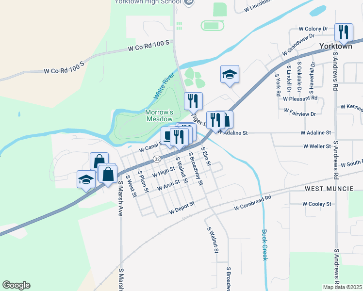 map of restaurants, bars, coffee shops, grocery stores, and more near 2100 South Broadway Street in Yorktown