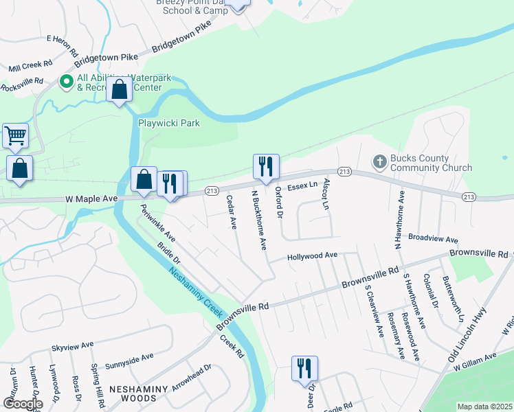 map of restaurants, bars, coffee shops, grocery stores, and more near 379 North Buckthorne Avenue in Langhorne