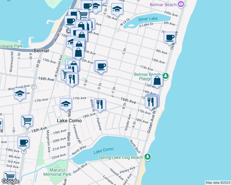 map of restaurants, bars, coffee shops, grocery stores, and more near 319 14th Avenue in Belmar