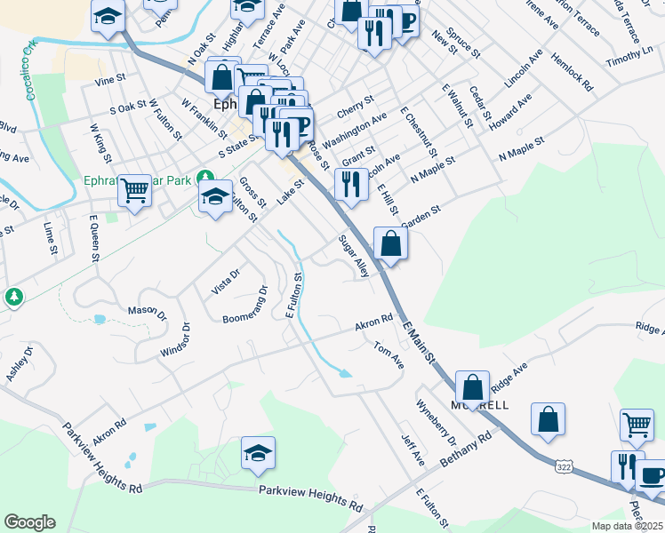 map of restaurants, bars, coffee shops, grocery stores, and more near 14 Lauren Lane in Ephrata