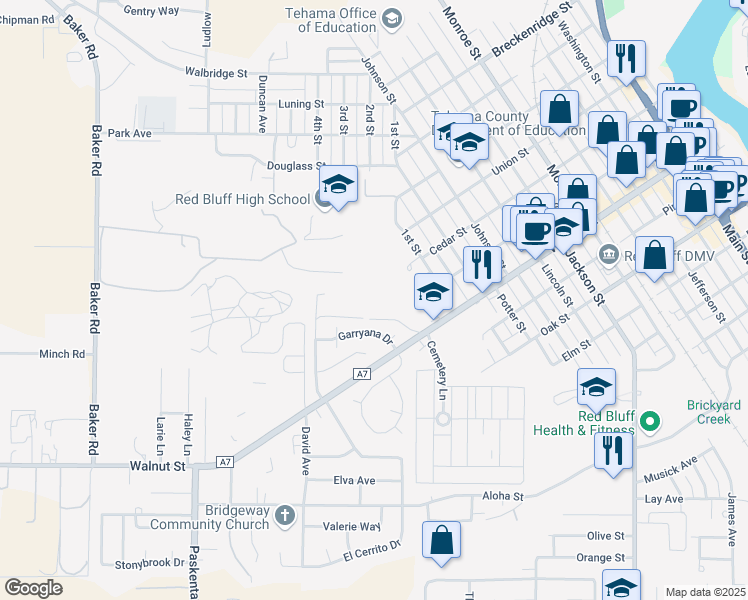 map of restaurants, bars, coffee shops, grocery stores, and more near 1256 Walnut Street in Red Bluff