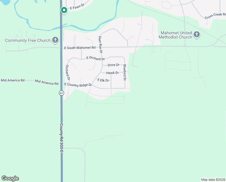 map of restaurants, bars, coffee shops, grocery stores, and more near 608 East Country Ridge Drive in Mahomet